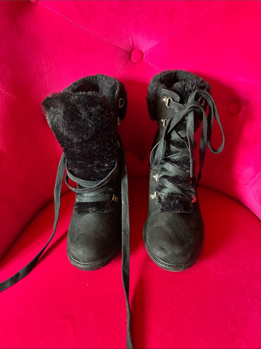 a new day Black Faux Fur Lace-Up Ankle Boots